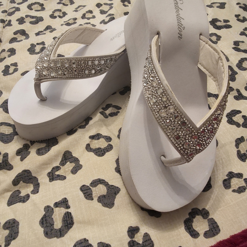 Revolution White Embellished Rhinestone Platform Flip Flops